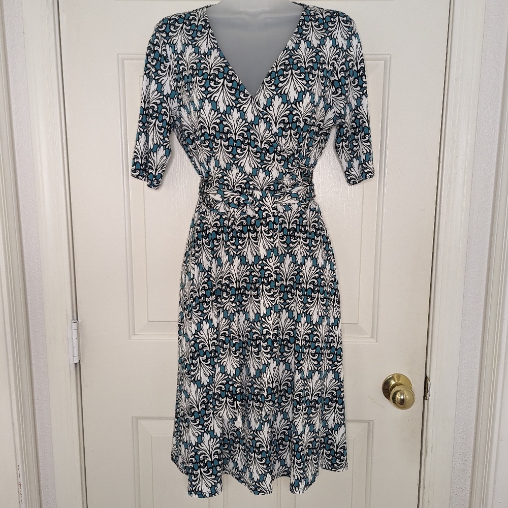 Wrap Dress (Faux) Stretch Elbow Sleeve Print Blue/Green Pullover M - Picture 14 of 14